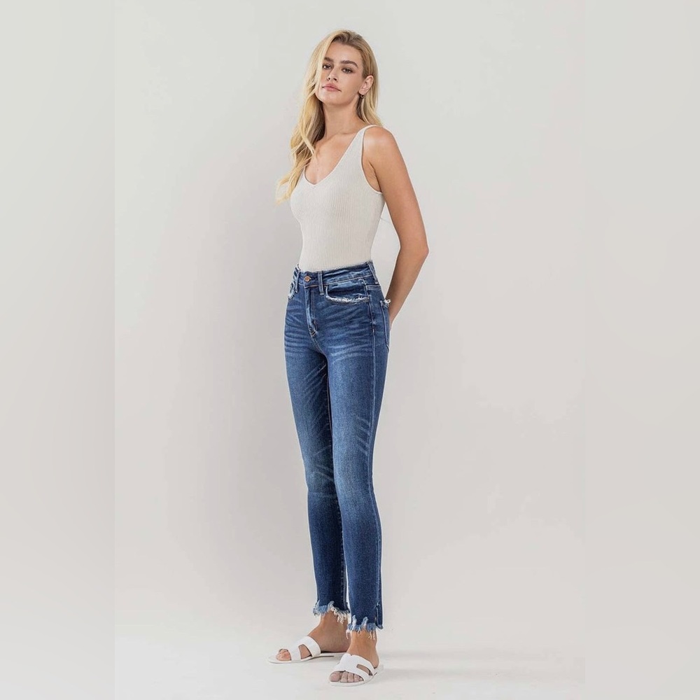 High Rise Destroyed Hem Ankle Skinny Jeans
